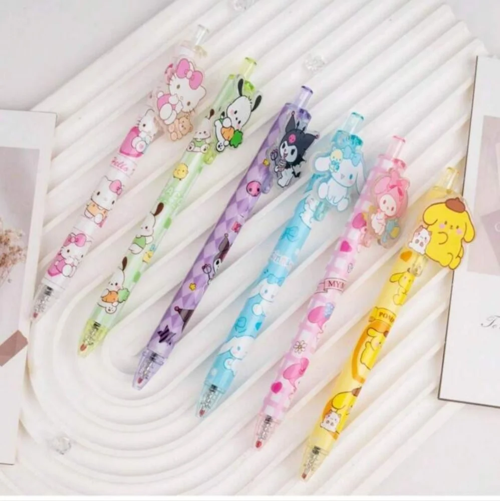 Set of 6, Hello Kitty & Friends Pens Sanrio Kuromi Melody Pom Cinnamoroll